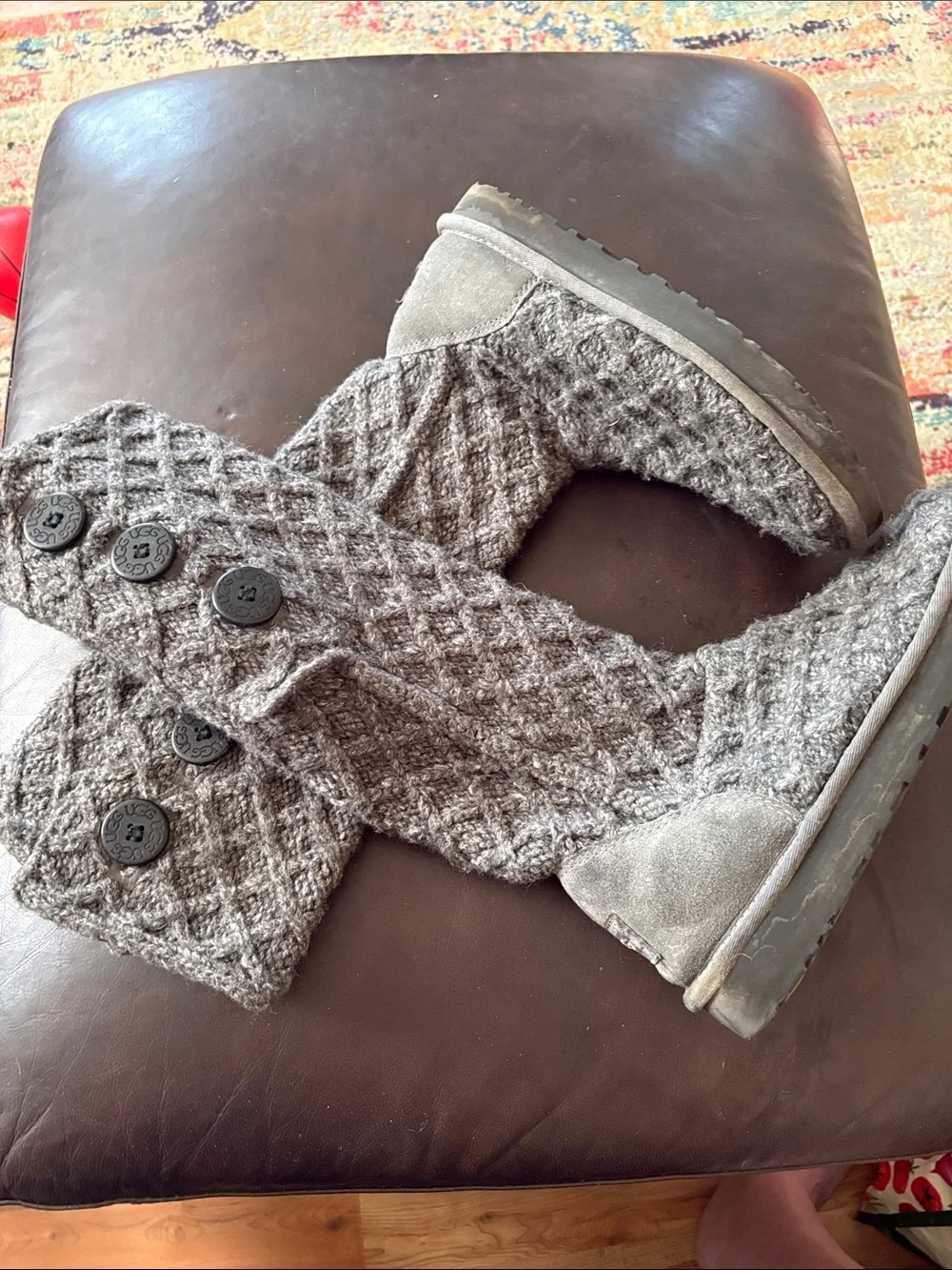 Ugg- Knee-High Knit Buttoned Boot Slippers - Gray